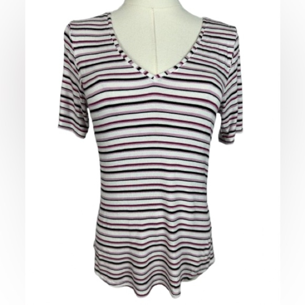 WHBM Striped V-Neck Short Sleeve Top - White & Burgundy